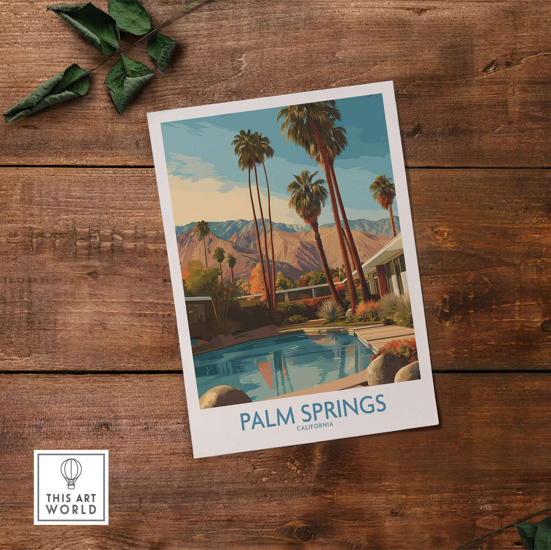 Palm Springs California poolside print depicting palm trees and mountains, perfect for travel decor.