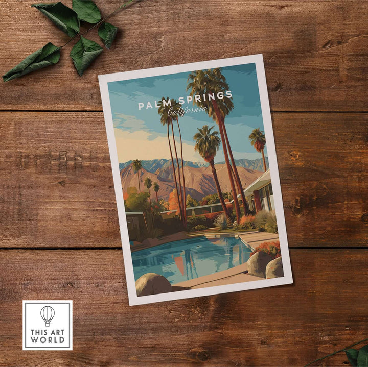 Palm Springs California Mid-Century Modern Home Poster featuring a swimming pool and palm trees.