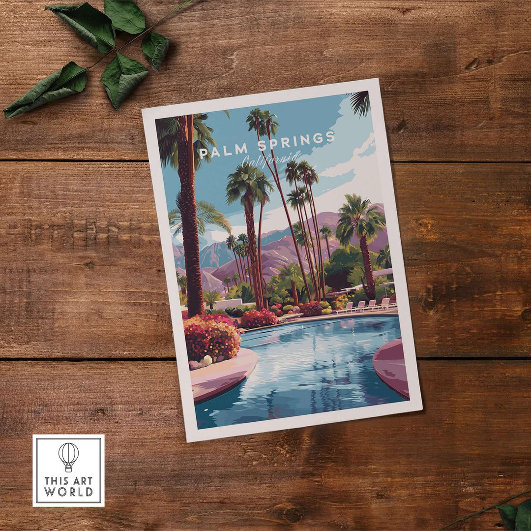 Palm Springs Tropical Poolside Print showcasing serene turquoise water and mountains, ideal for wall art decor.