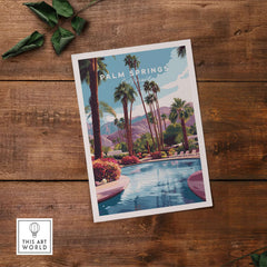 Palm Springs California Tropical Poolside Print - Mountain Landscape Wall Art showcasing a serene pool and majestic mountains.