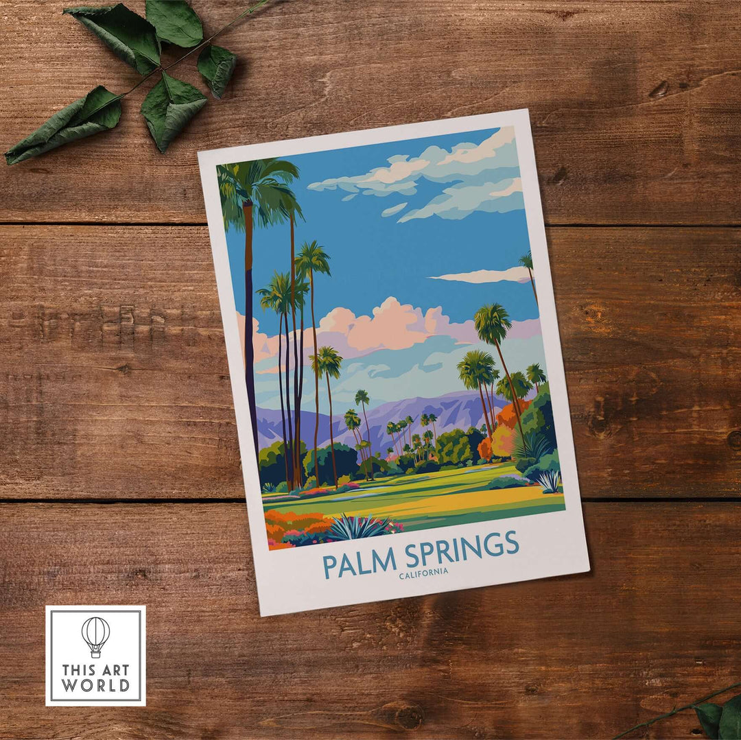 Palm Springs palm tree oasis wall art, vibrant California travel poster featuring scenic golf course.
