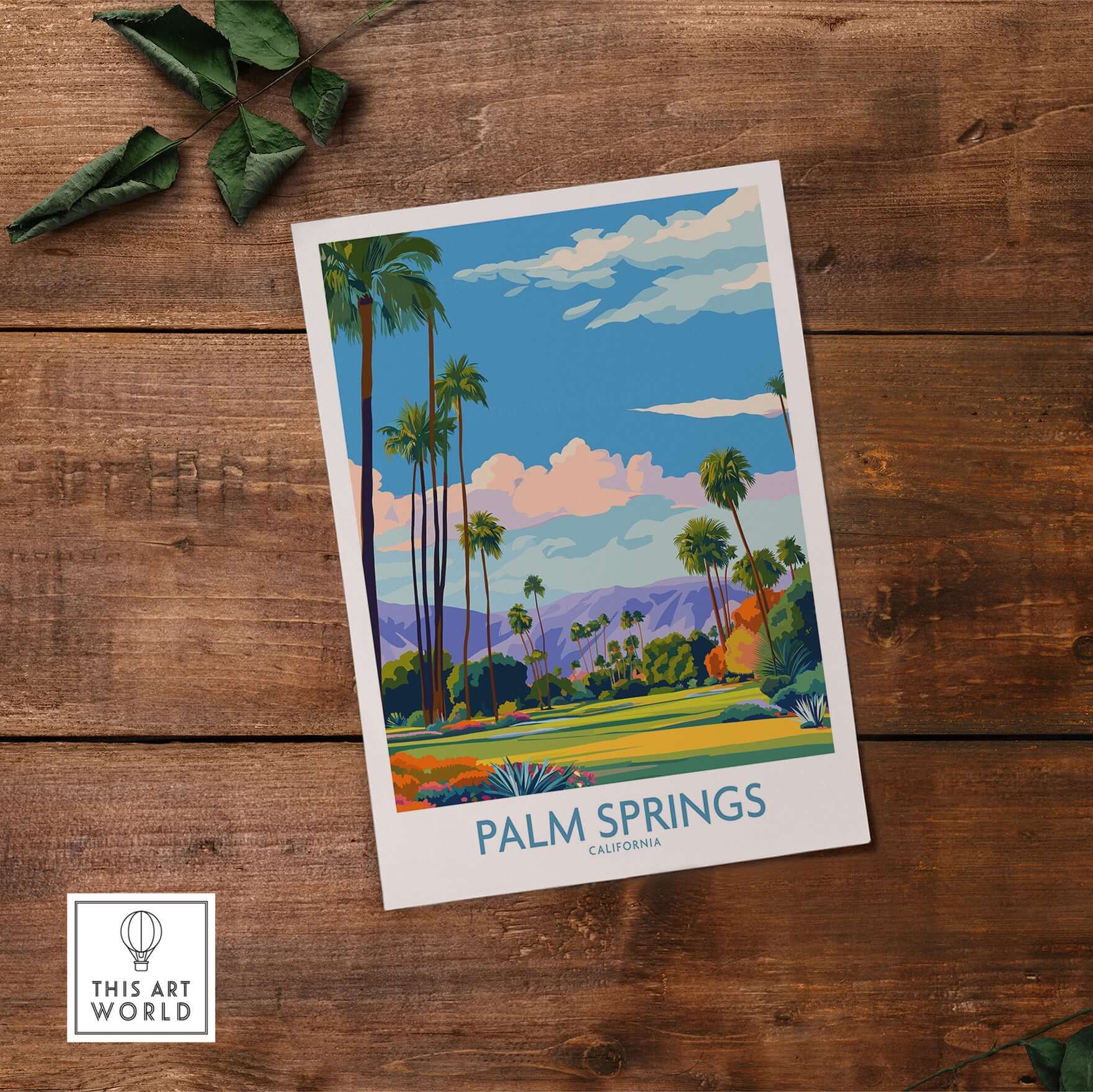 Palm Springs Palm Tree Oasis Wall Art - California Travel Poster showcasing vibrant palm trees and desert landscape.