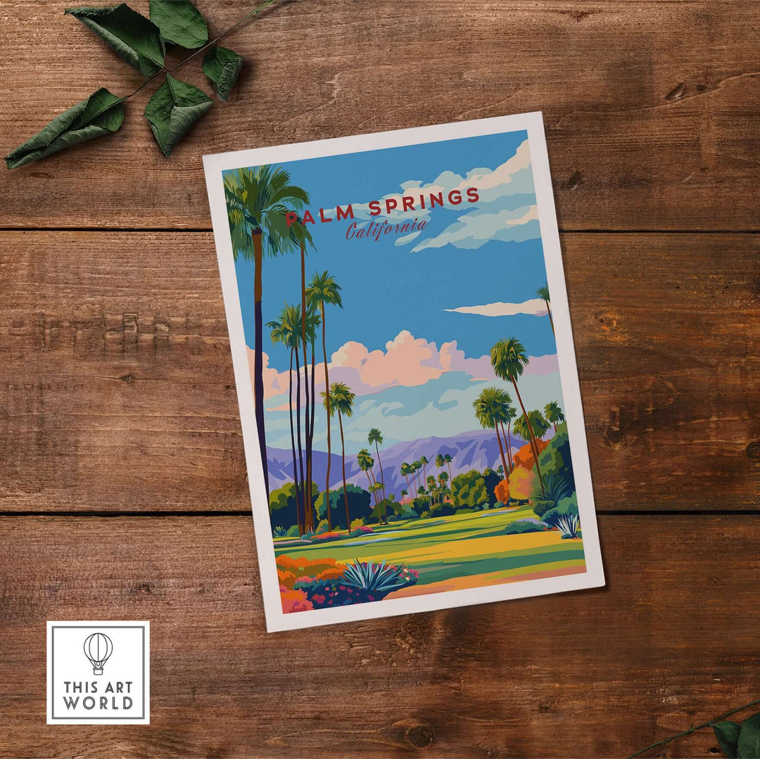Palm Springs golf course poster featuring a vibrant desert mountain view and palm trees, perfect for golf enthusiasts.