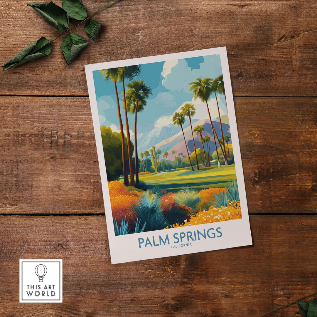 Vibrant Palm Springs garden poster featuring colorful palms and hills, perfect for California golf vacation inspiration.