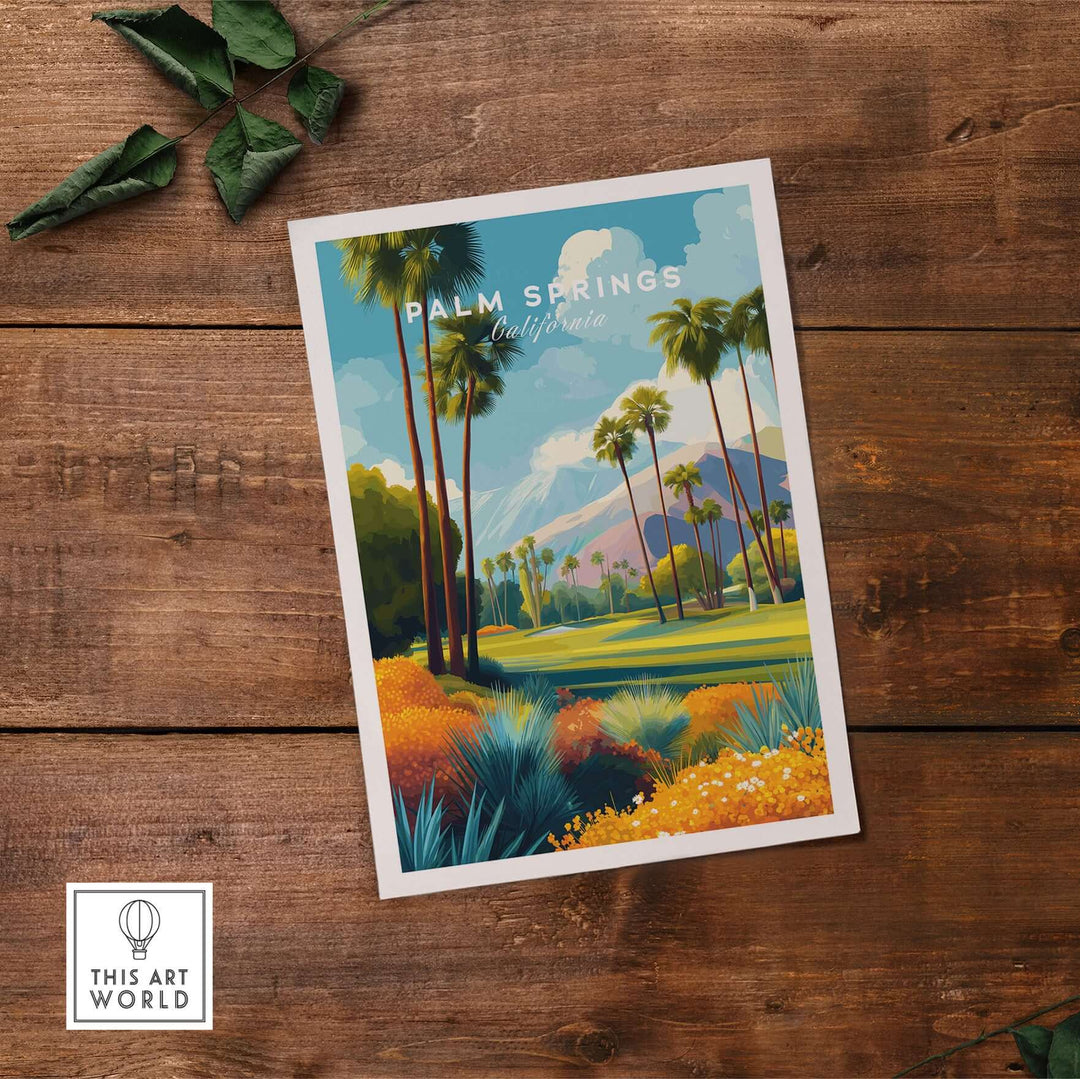 Palm Springs California golf course art print showcasing vibrant desert landscape and mountains.