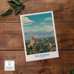 Pasadena California Skyline Wall Art Print showcasing vibrant architecture and scenic mountains.