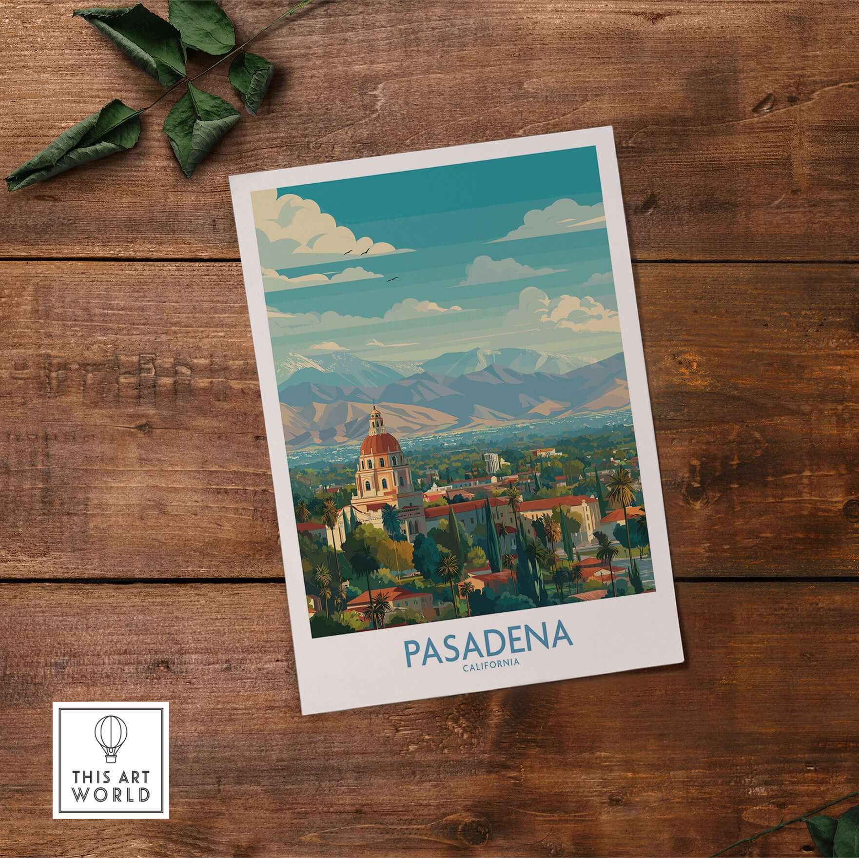 Pasadena California Skyline Wall Art Print showcasing vibrant architecture and scenic mountains.