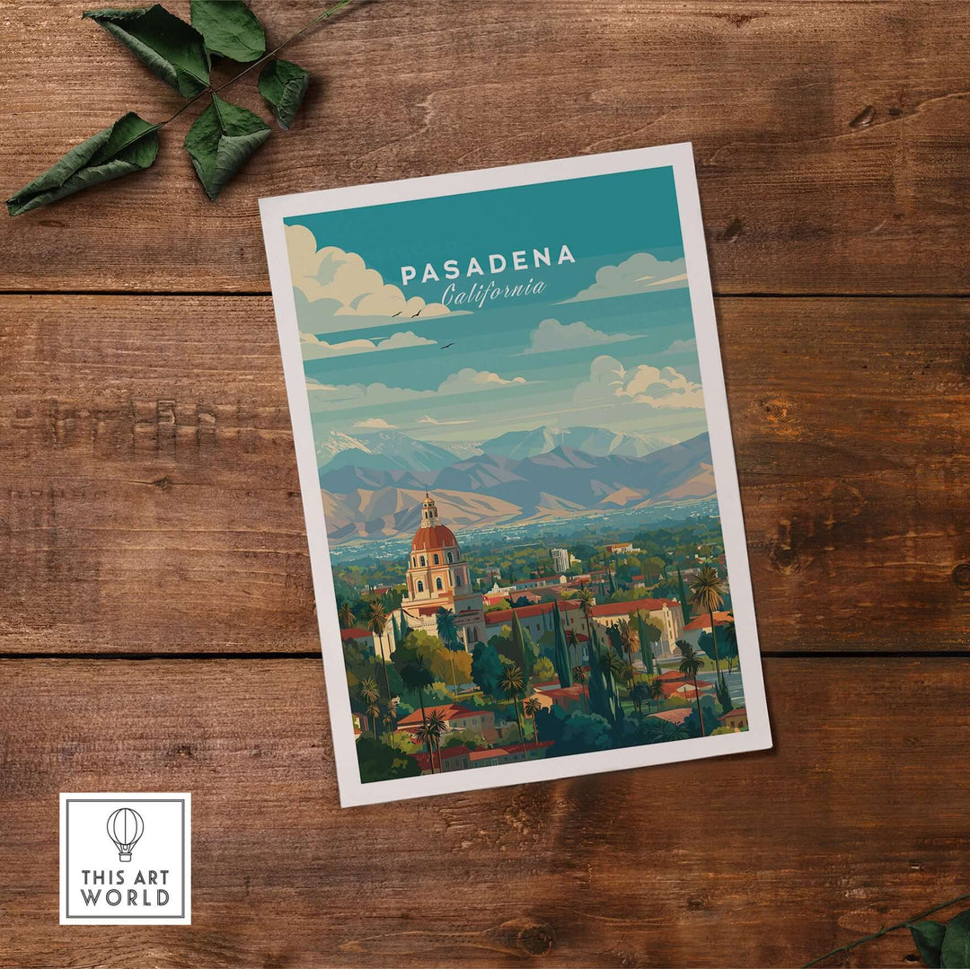 Pasadena California print featuring City Hall and San Gabriel Mountains in a vibrant artistic style.