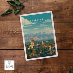 Pasadena California Print City Hall - San Gabriel Mountain Poster showcasing City Hall with mountains in the background.