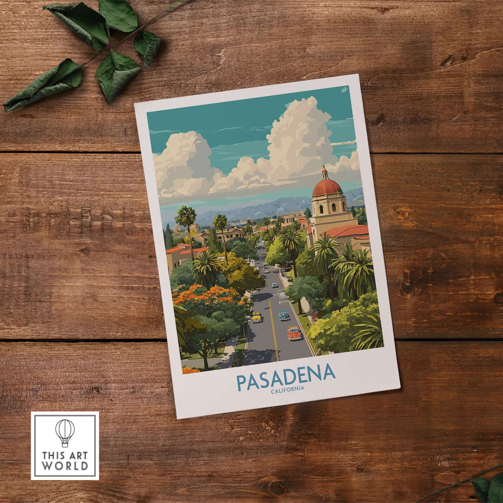Pasadena Wall Art - California Travel Poster showcasing a vibrant view of Pasadena with palm trees and scenic landmarks.