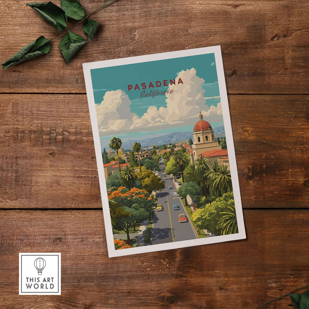 Pasadena cityscape poster showcasing lush greenery and iconic landmarks, capturing the vibrant charm of California.