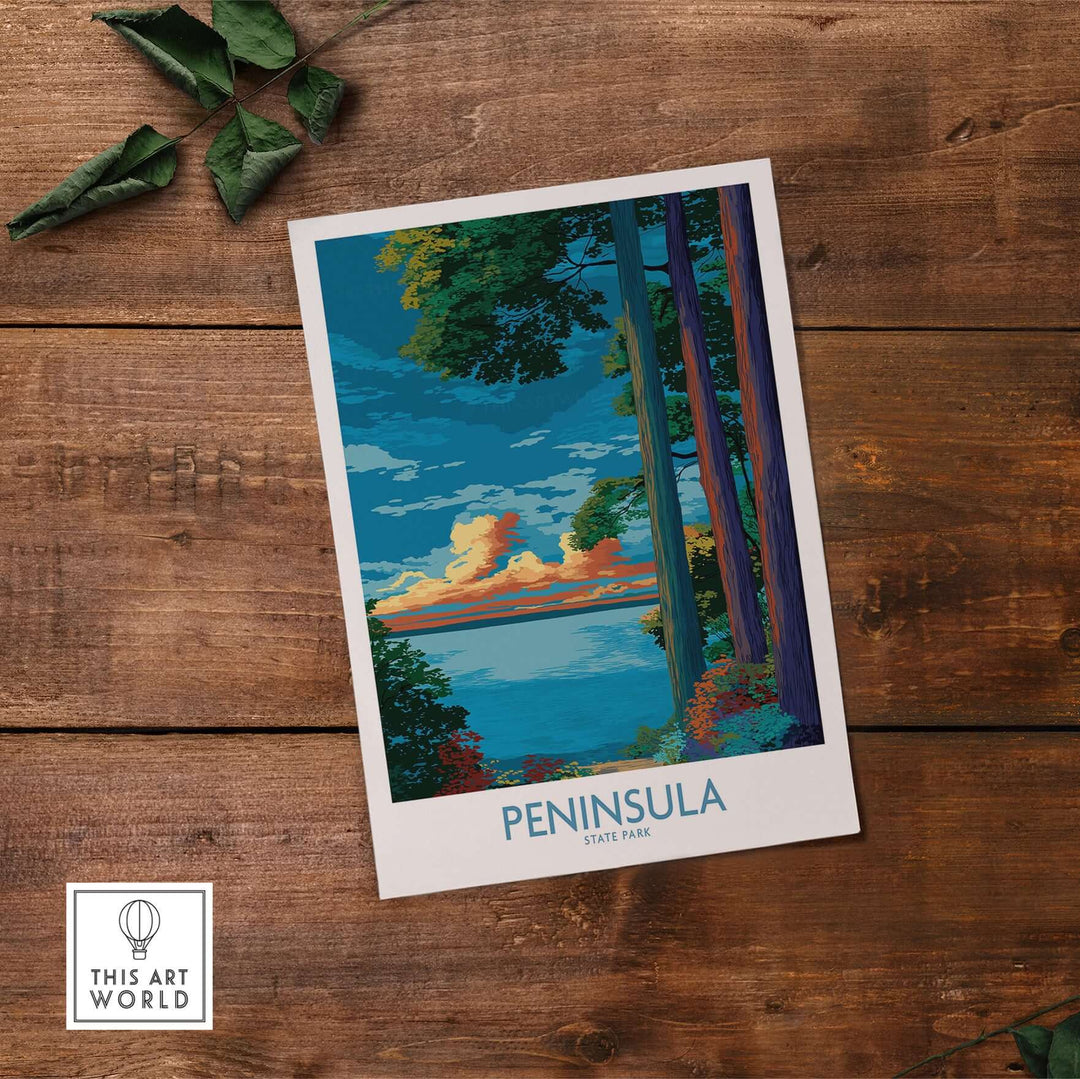 Peninsula State Park landscape print with vibrant trees and sunset, perfect for Wisconsin nature decor.