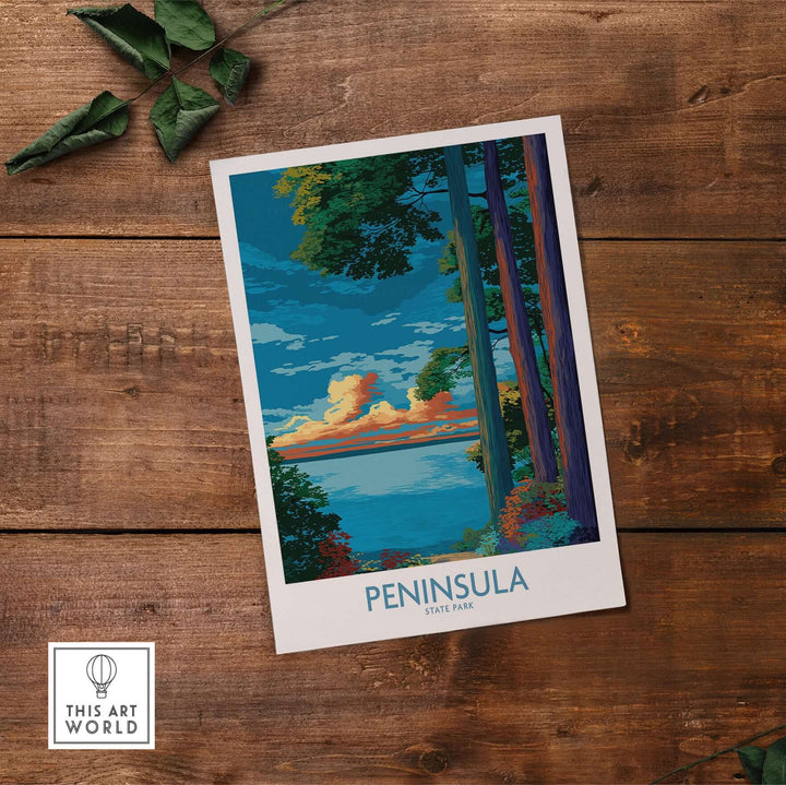 Peninsula State Park landscape print with vibrant trees and sunset, perfect for Wisconsin nature decor.