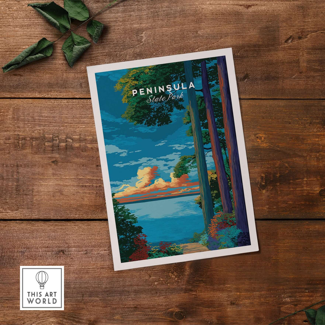 Peninsula State Park sunset poster showcasing a serene forest path and Lake Michigan, ideal for nature lovers.