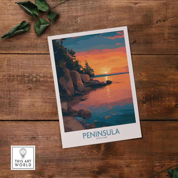 Peninsula State Park golden hour lake view poster showcasing a sunset over tranquil water, ideal for travel decor.