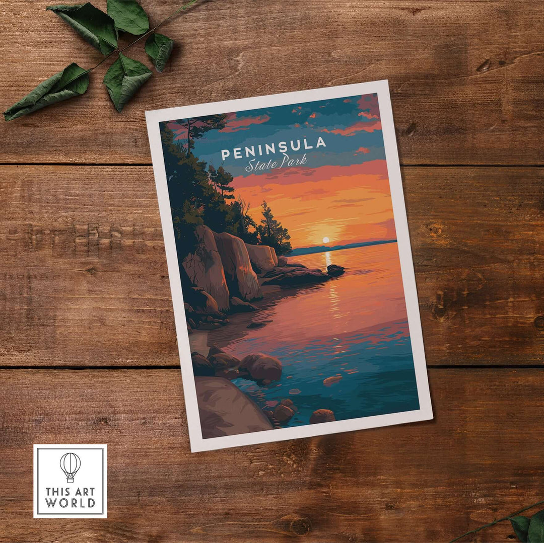 Peninsula State Park sunset print showcasing Wisconsin's rocky shoreline and tranquil waterfront scene.