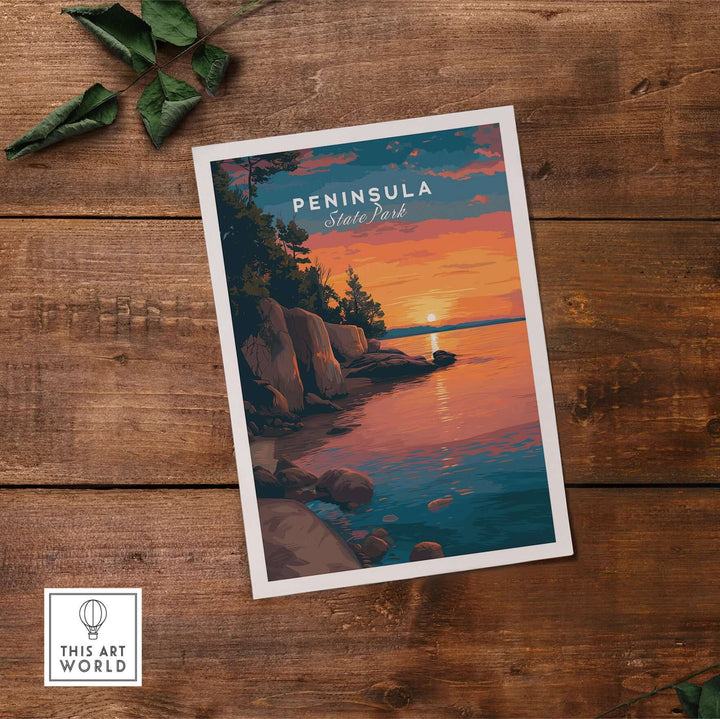 Peninsula State Park sunset print showcasing Wisconsin's rocky shoreline and tranquil waterfront scene.