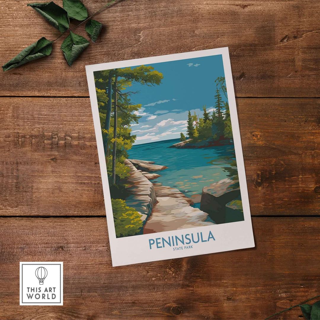 Peninsula State Park wall art featuring a scenic view of water and trees, perfect for Wisconsin decor.