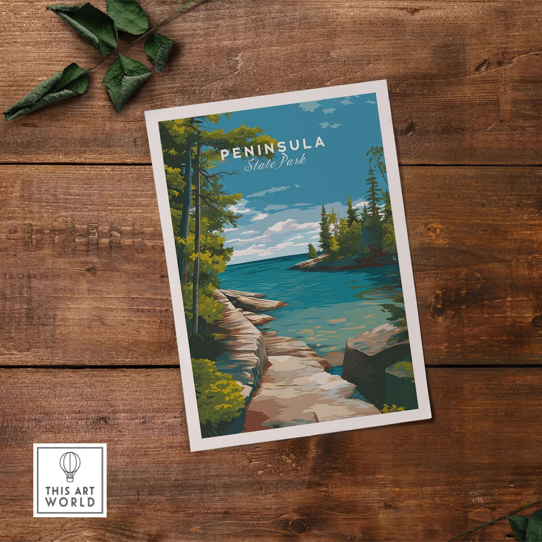Peninsula State Park Wisconsin print showcasing rocky coastline and serene lake view, ideal for landscape art enthusiasts.