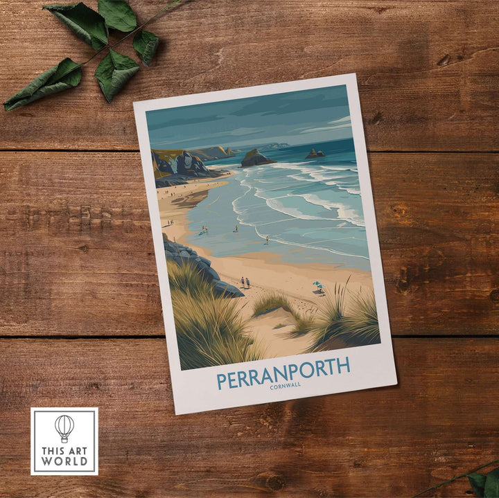Perranporth Cornwall ocean waves seascape poster on wooden table, showcasing a vibrant beach scene.