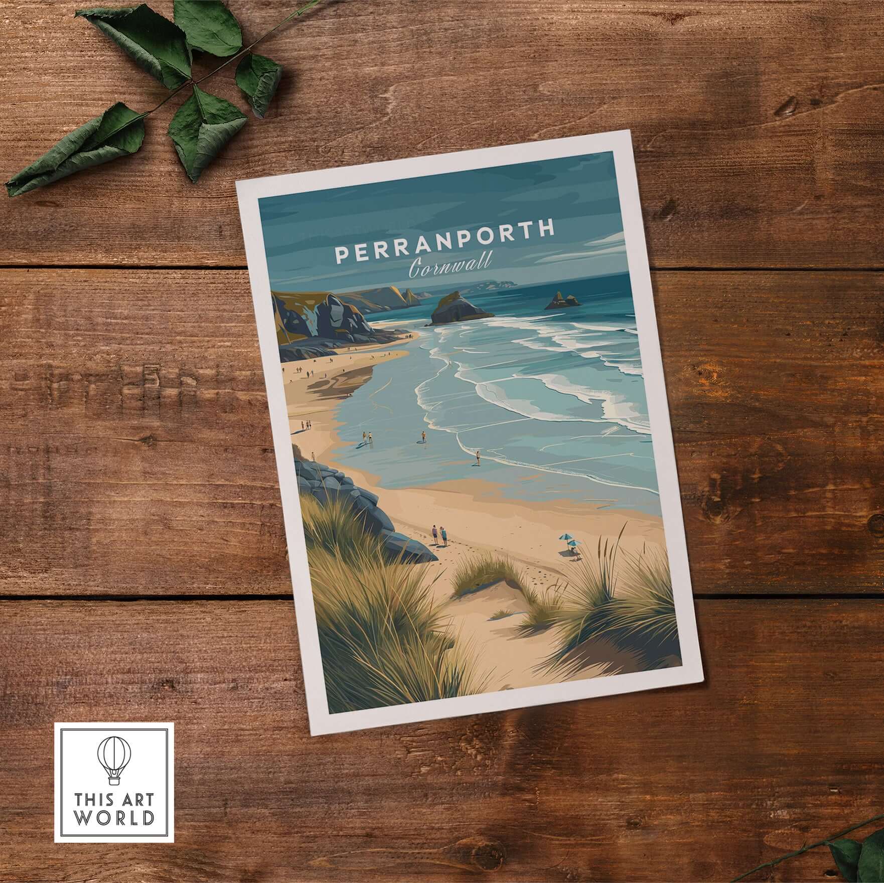 Perranporth Cornwall Sandy Beach Dunes Print - Cornish Coastal Wall Art displayed on wood, capturing scenic beach and dunes.
