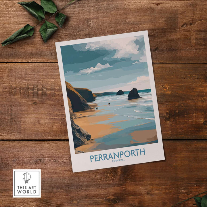 Perranporth Cornwall Ocean Walk wall art featuring a beach scene with footprints in the sand and rocky coastline.
