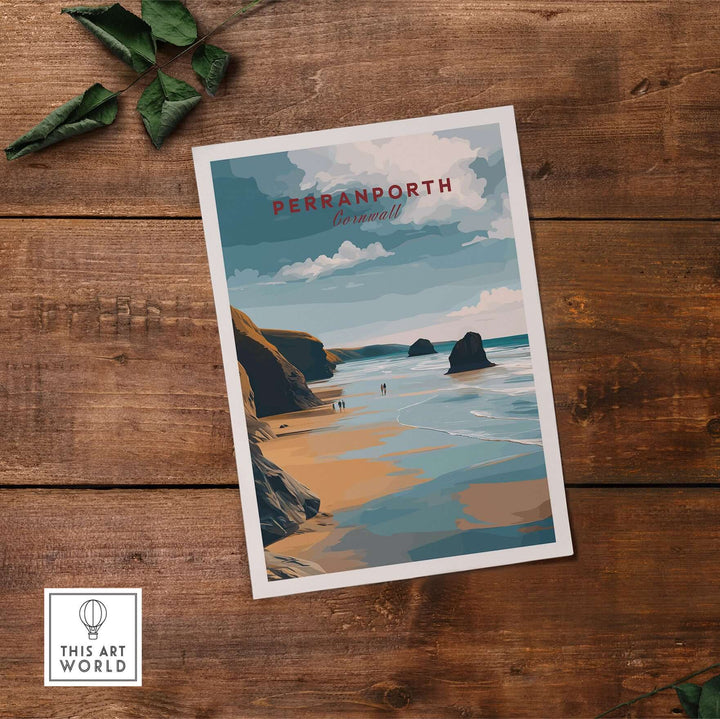 Perranporth low tide beach poster showcasing serene coastline and dramatic sky, ideal for coastal decor.
