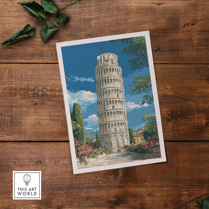 Leaning Tower of Pisa print on wooden surface, showcasing the iconic Italian landmark in vibrant colors.