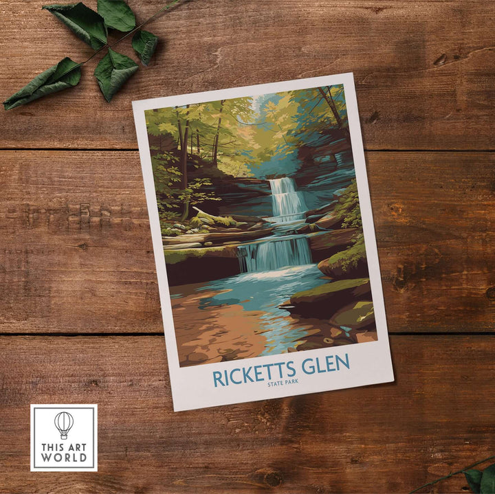 Ricketts Glen State Park waterfall poster featuring vibrant forest scenery and cascading waters.