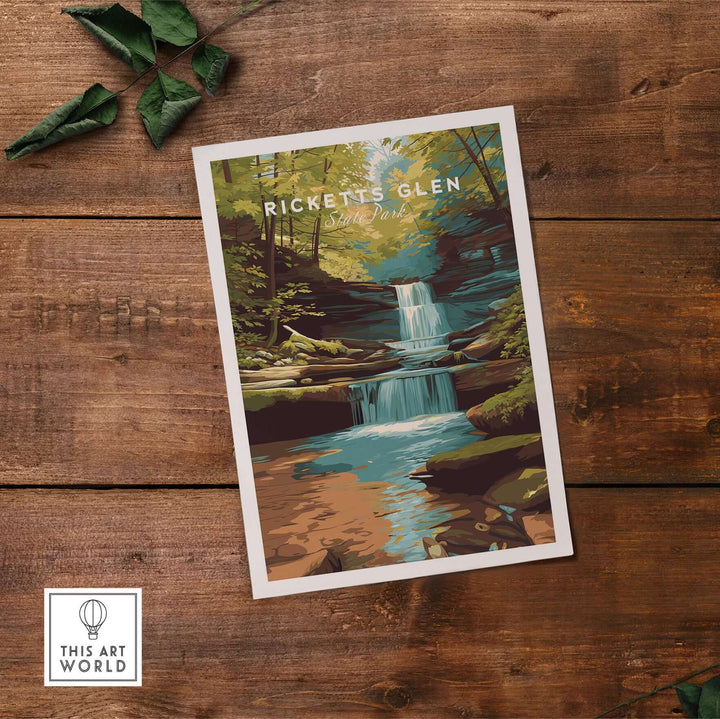Ricketts Glen State Park waterfall landscape print showcasing serene nature and vibrant colors on wooden background.