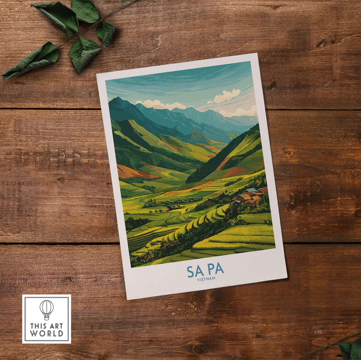 Sa Pa Vietnam travel print featuring lush rice terraces and mountains on a wooden backdrop.
