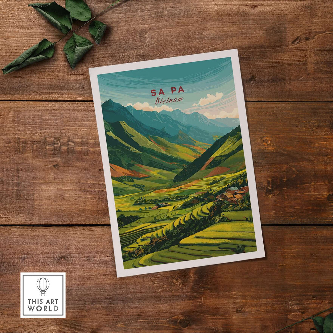 Sa Pa Vietnam poster featuring vibrant green rice terraces and mountains, perfect wall art for nature lovers.