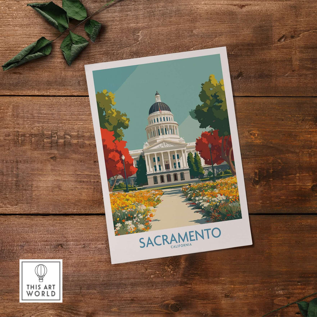 Sacramento California Capitol poster featuring the State Capitol building and vibrant flower gardens.