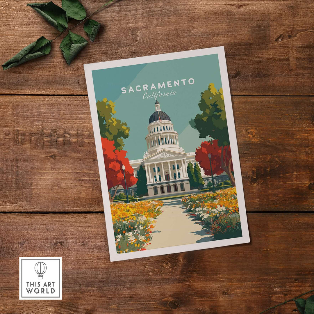 Sacramento California State Capitol print featuring colorful flowers and trees on a wooden table.