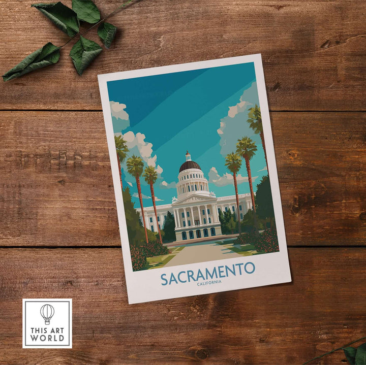 Sacramento poster featuring California State Capitol, lush palm trees, and blue skies, perfect for wall art enthusiasts.