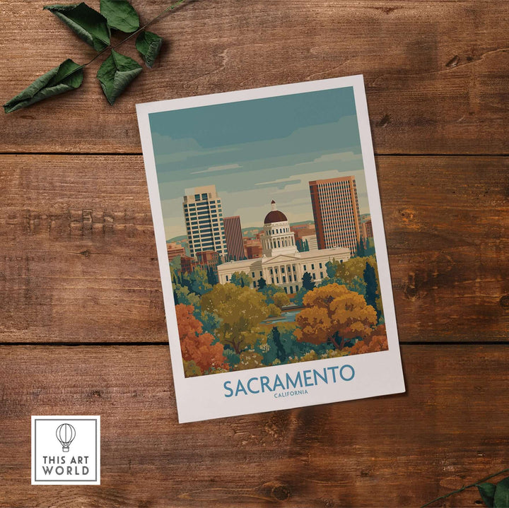 Sacramento California poster showcasing the city skyline and colorful autumn trees, perfect for home decor.