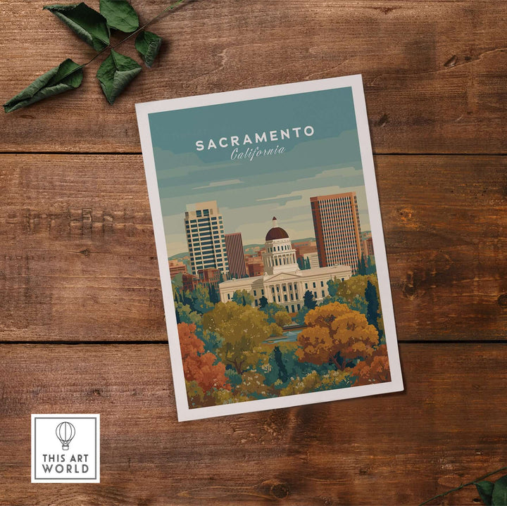 Sacramento California skyline and Capitol print showcasing urban landscape art on a wooden table.