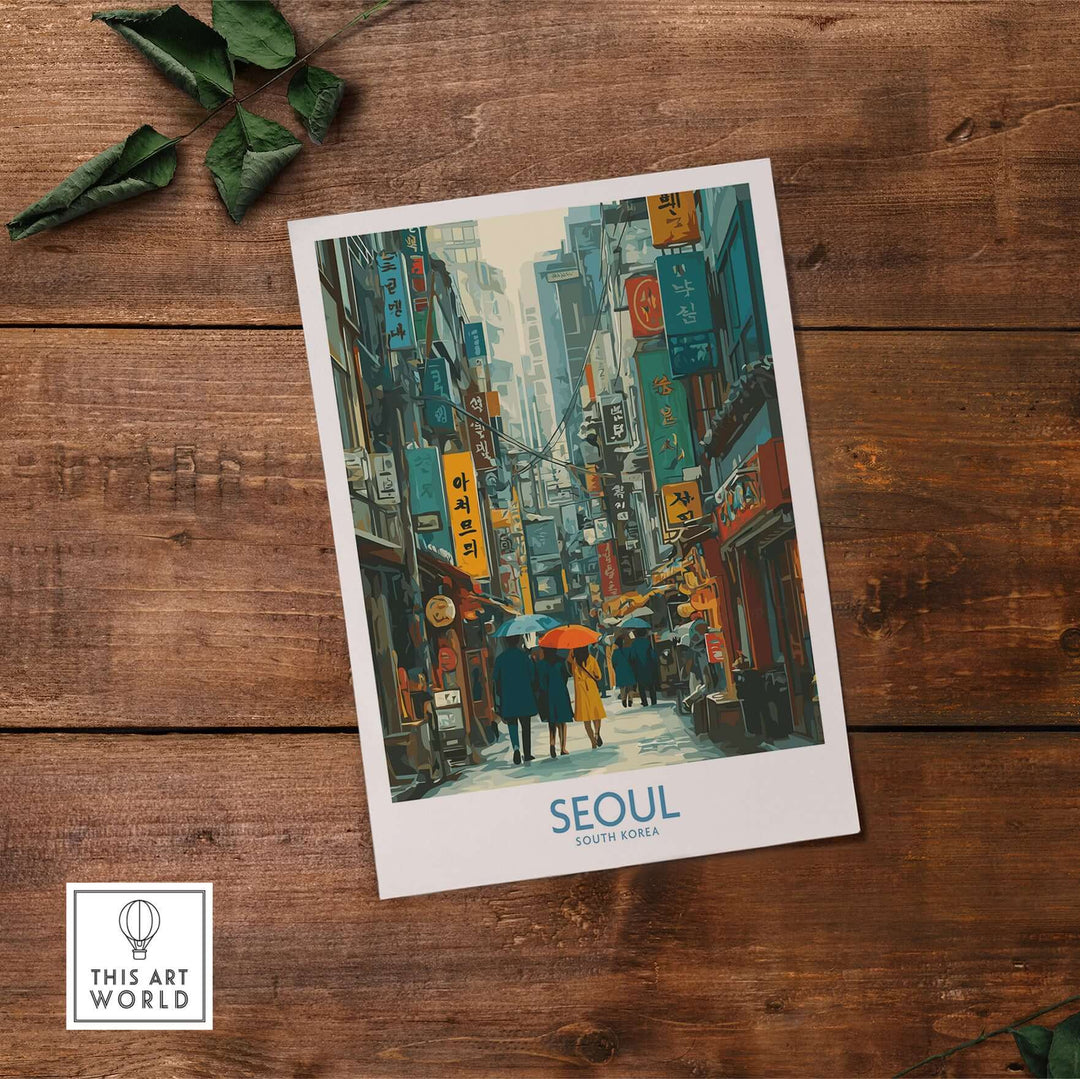 Vibrant Seoul poster showcasing bustling streets and urban culture of South Korea. Ideal for art lovers and urban explorers.