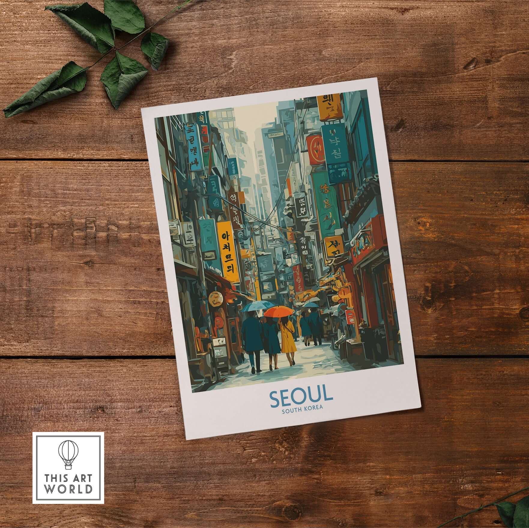 Seoul Poster South Korea - Vibrant City Life Art Print showcasing a bustling street and colorful umbrellas.