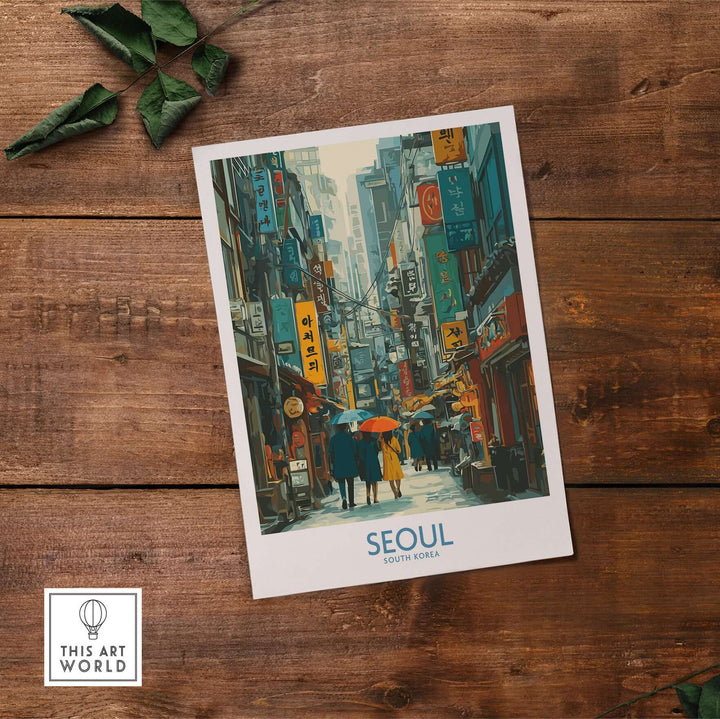 Vibrant Seoul poster showcasing bustling streets and urban culture of South Korea. Ideal for art lovers and urban explorers.