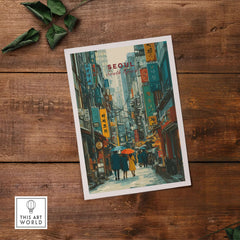 Seoul Print South Korea Busy Street - Urban Cityscape Wall Art featuring colorful street scenes.