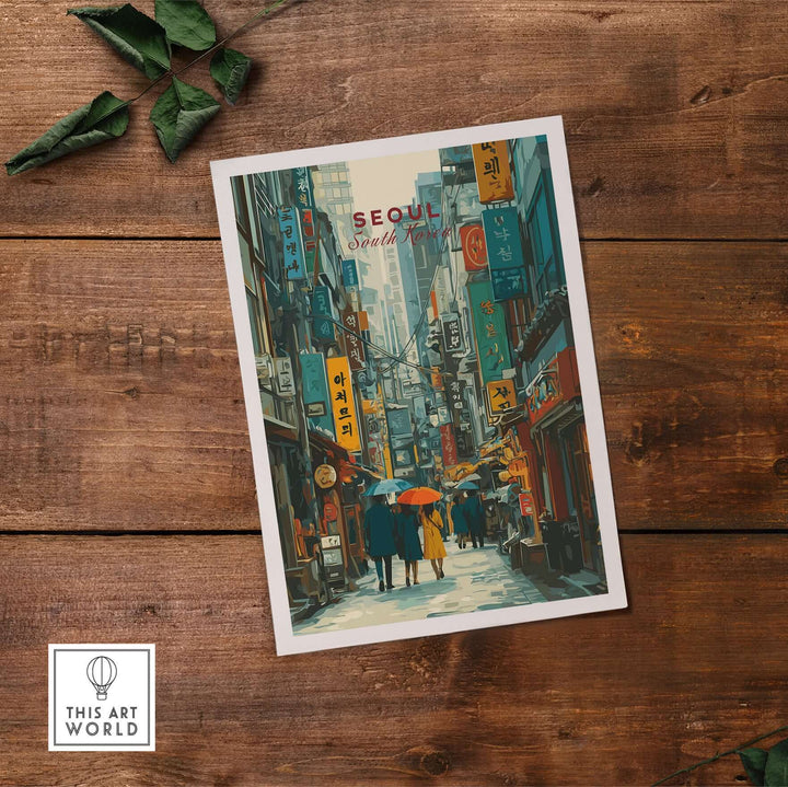 Seoul print capturing busy street life and architecture, perfect urban cityscape wall art for home or office decor.