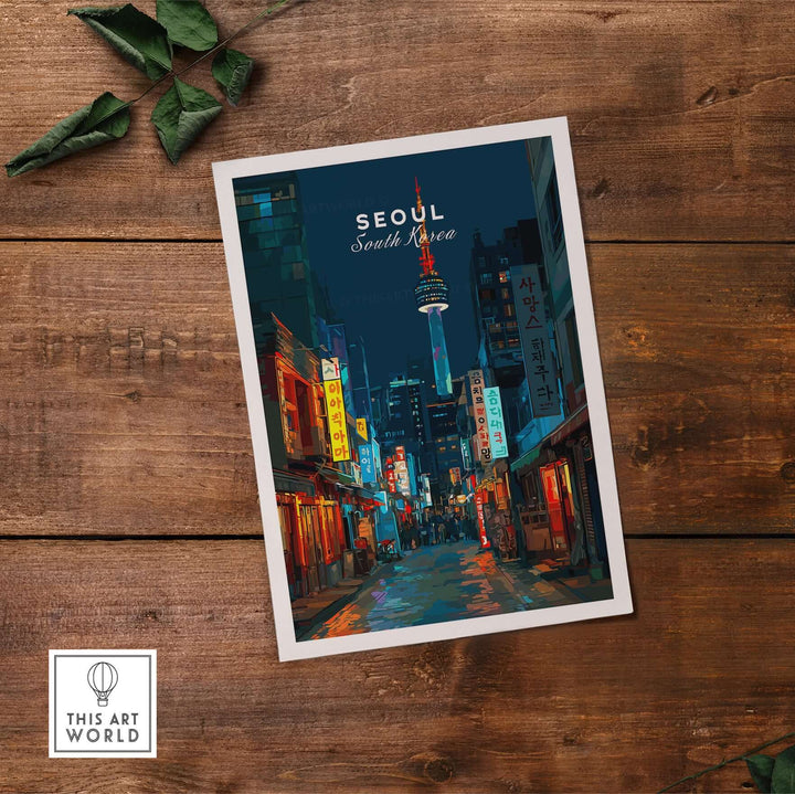 Seoul South Korea poster featuring N Seoul Tower in a vibrant urban night scene.