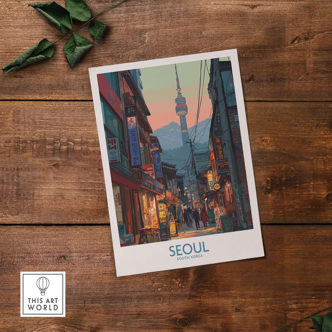 Seoul South Korea cityscape poster featuring vibrant nightlife and the iconic N Seoul Tower.
