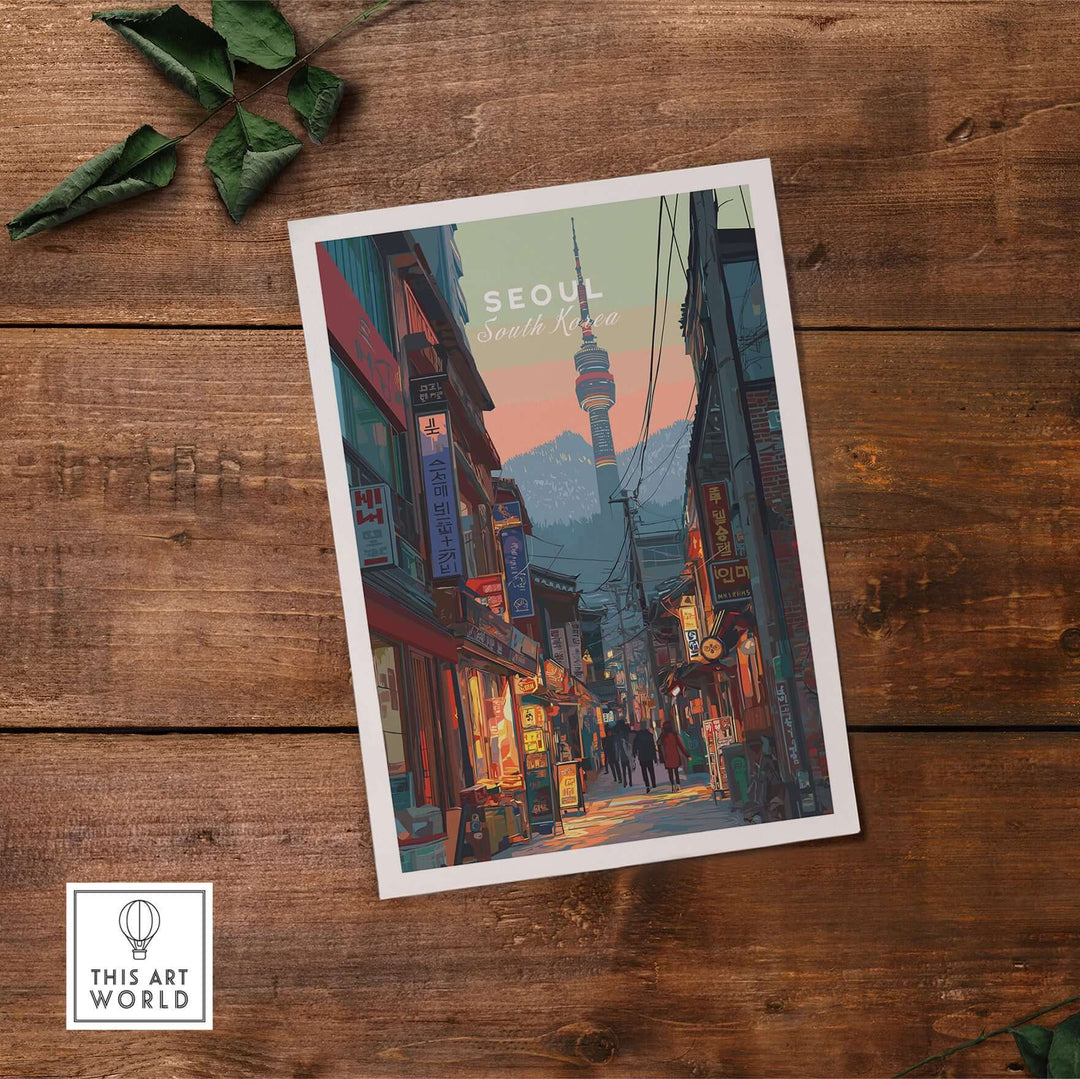 Seoul N Seoul Print showcasing traditional street art and urban life in South Korea's vibrant capital.