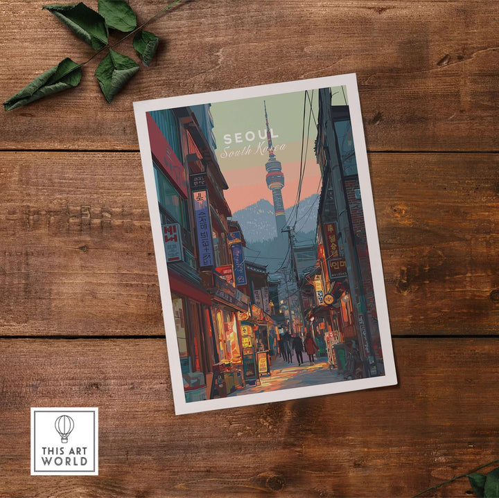 Seoul N Seoul Print showcasing traditional street art and urban life in South Korea's vibrant capital.