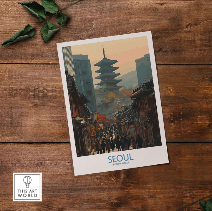 Seoul South Korea old town skyline wall art featuring historic architecture and vibrant street scenes.