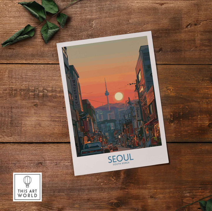 Seoul South Korea travel poster showcasing iconic skyline and sunset over city streets.