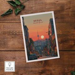 Seoul South Korea City Sunset Print - N Seoul Tower Skyline Poster on wooden surface with urban scenery.