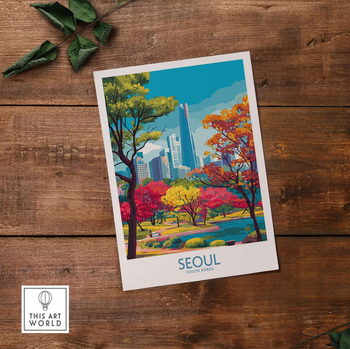 Colorful Seoul skyline poster showcasing city parks with vibrant trees and urban architecture.